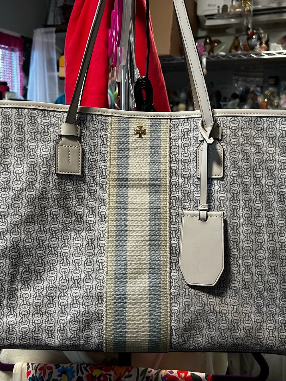 Tory Burch Cream and Light Blue Printed Canvas Stripe Tote